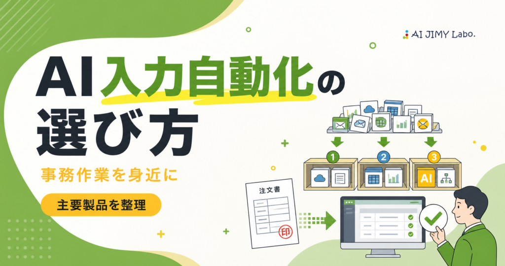 日本の定型書類に対応するAI入力自動化プラットフォームの主要製品を3タイプに整理して選ぶ流れを示すイメージ
