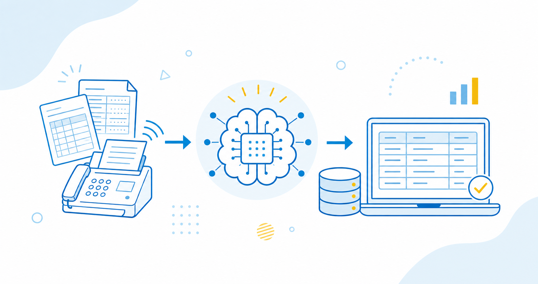 製造業のバックオフィスで紙やFAXの帳票をAI OCRで読み取りデータ入力を自動化する流れを示すイメージ
