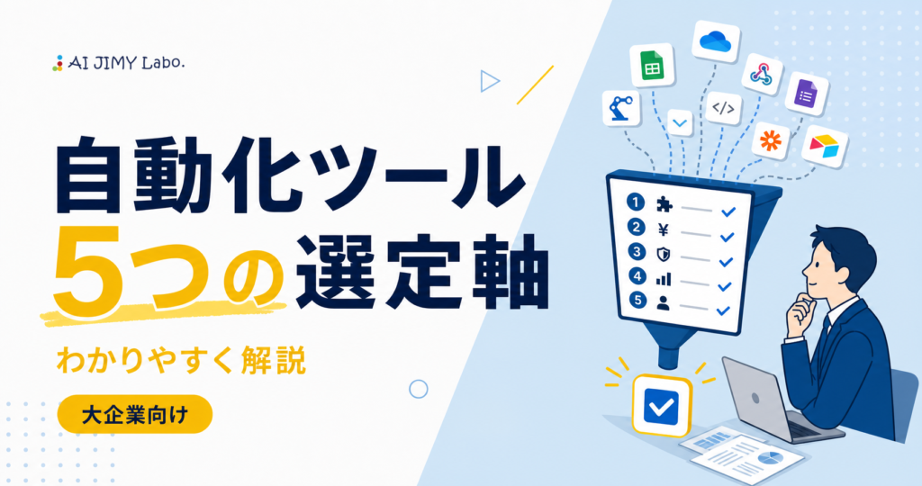 Banner promoting an automation-tool guide: '5つの選定軸' with a man at a laptop and a large checklist on screen, plus floating app icons above; JIMY Labo logo appears top left.