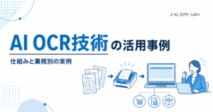 AI OCR技術が紙の注文書や請求書を読み取ってデータ化し業務別に活用される流れを表した図